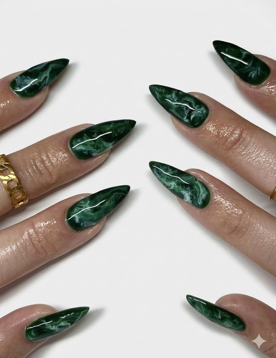 10pcs emerald green marble press on nails - long stiletto shape, luxury jade swirl design with gold foil accents, reusable glue on nails for women, diy professional manicure kit