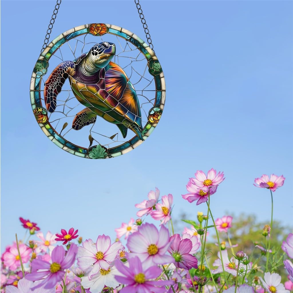 Sea Turtle Stained Window Hanging Acrylic Panels Indoor Outdoor Round Windows Hanger Kitchen Bedroom Garden Wall Art Decor Gifts for Women Mom Grandma Teacher