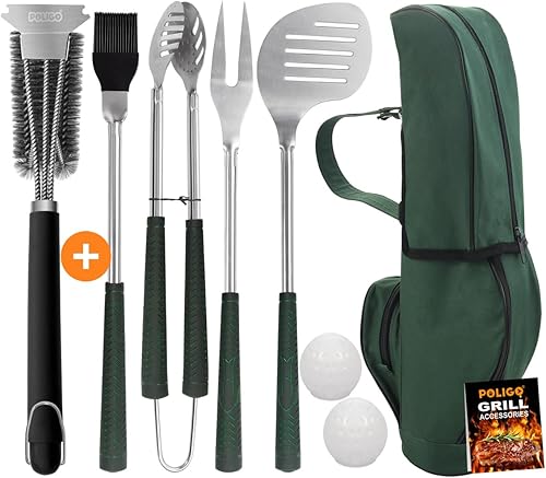 POLIGO Paquete de cepillo y raspador de alambre seguro con 7 piezas de herramientas de parrilla estilo club de golf con mango de goma, accesorios de