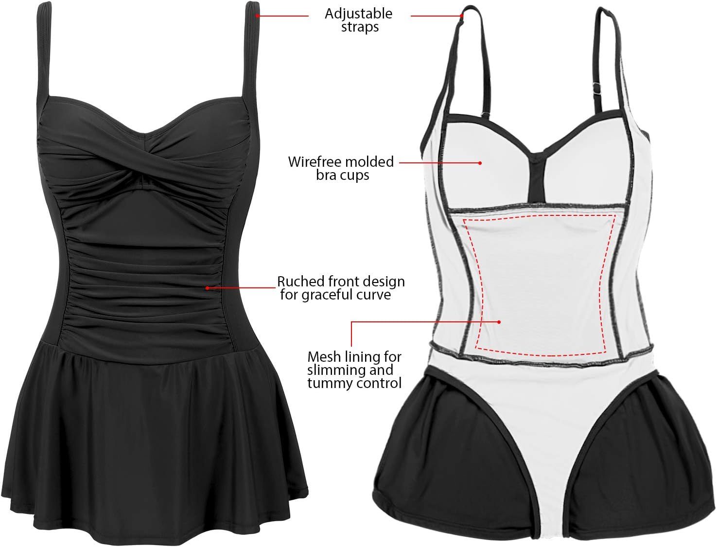 Joyaria Womens Tummy Control One Piece Swimsuit with Skirt Retro Swimdress