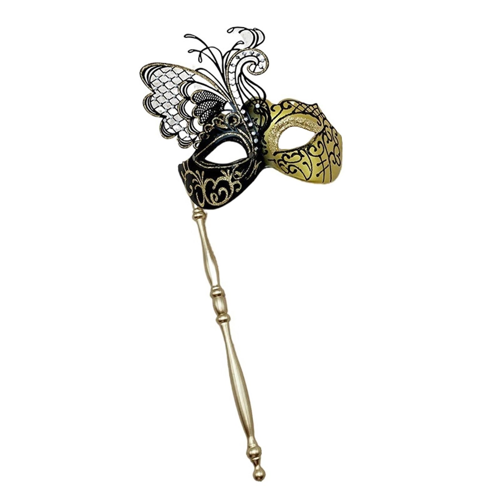 MLYPRU Masquerade Ball Masks, Portable Masquerade Mask with Stick for Women & Couples, Mysterious Mardi Gras Mask Venetian Halloween(Gold)