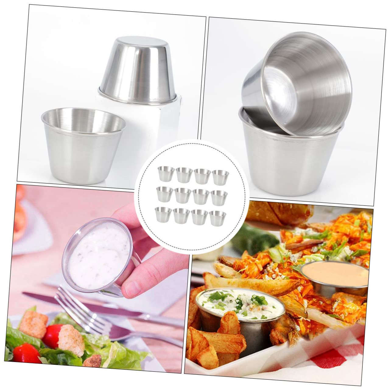 NAMOARLY 70ml Sauce Dipping Cups Set 12 Pcs Steel Condiment Sauce Cups for Snack Dish