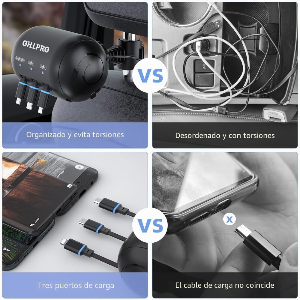 OHLPRO Cargador Retráctil para Asiento Trasero 3 en 1 | Cargador para Coche Compatible con iPhone, Samsung y Todos los Teléfonos | Ideal para Taxi, Uber, Lyft, Turo