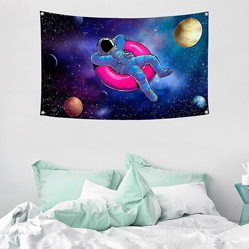 Miniatura 4 de FLYONG Divertido tapiz de astronautas de 3 x 5 pies, póster espacial trippy con bandera de estrellas y galaxia, tapiz espacial para dormitorio
