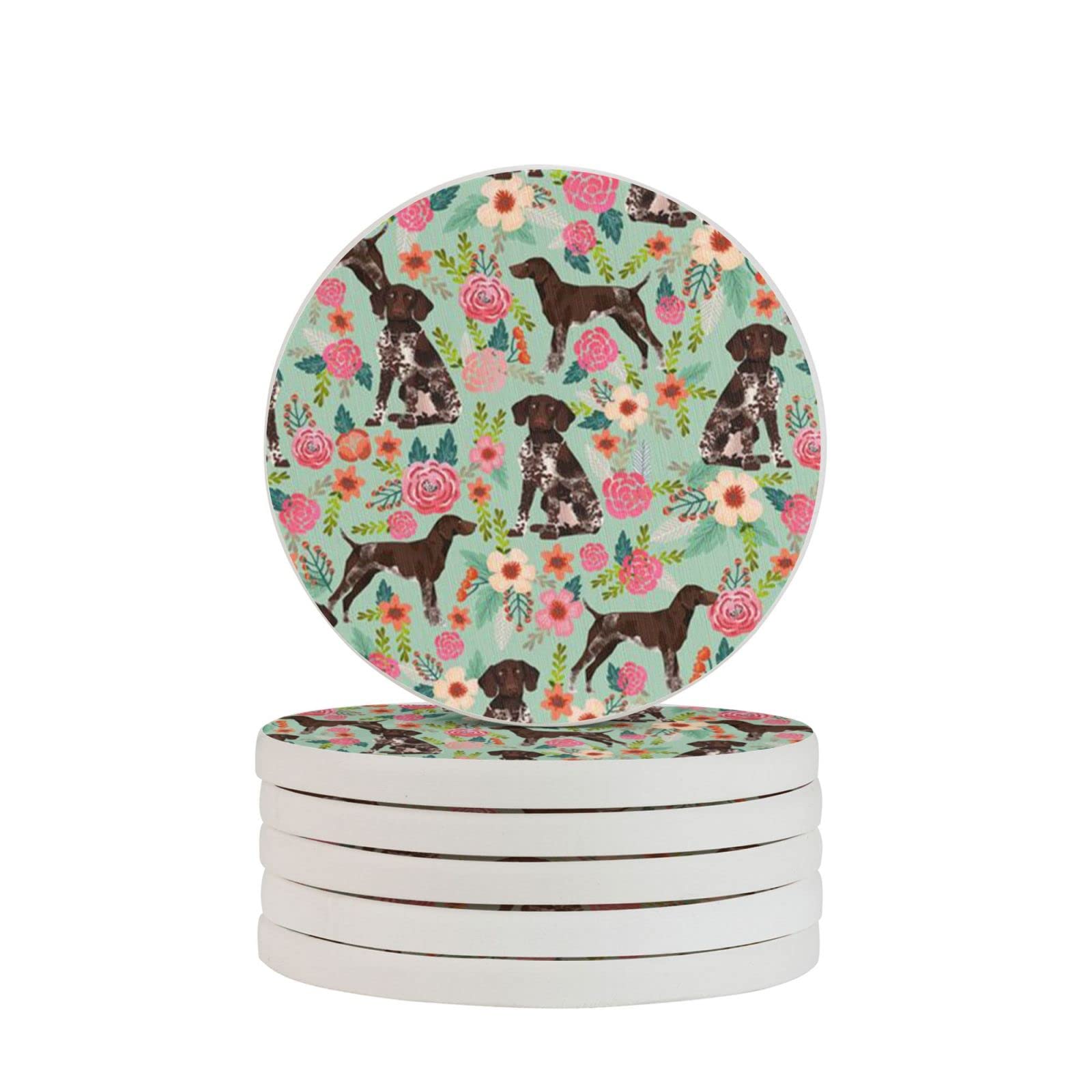 German Shorthaired Pointer and Floral Beautiful Four Pieces Coaster Heat-Resistant Reusable Saucers for Drinks Wine Glasses Plants Cups Mugs
