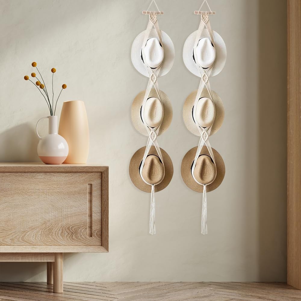 Paquete de 2 perchas para sombreros de macramé, soporte de cuerda de algodón para sombreros, soporte para gorras, perchas para puertas para sombreros de ala ancha, bufandas, bolsos, toallas