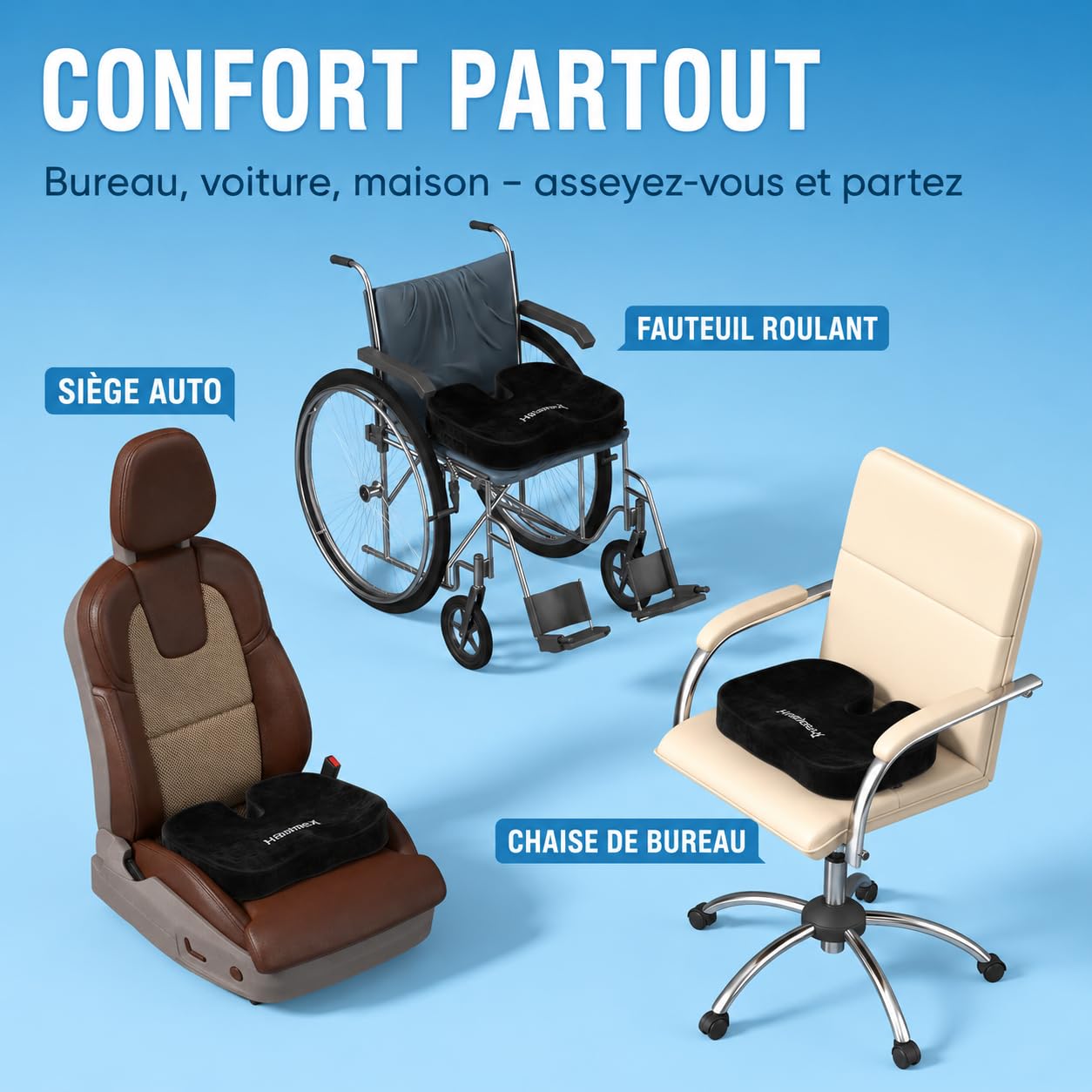 Healthfix Coussin orthopédique pour chaise de bureau, soulagement du coccyx, avec couche en nid d'abeille et housse en velours, coussin d'assise ergonomique pour bureau, voiture, maison, 45 x 36 x 7