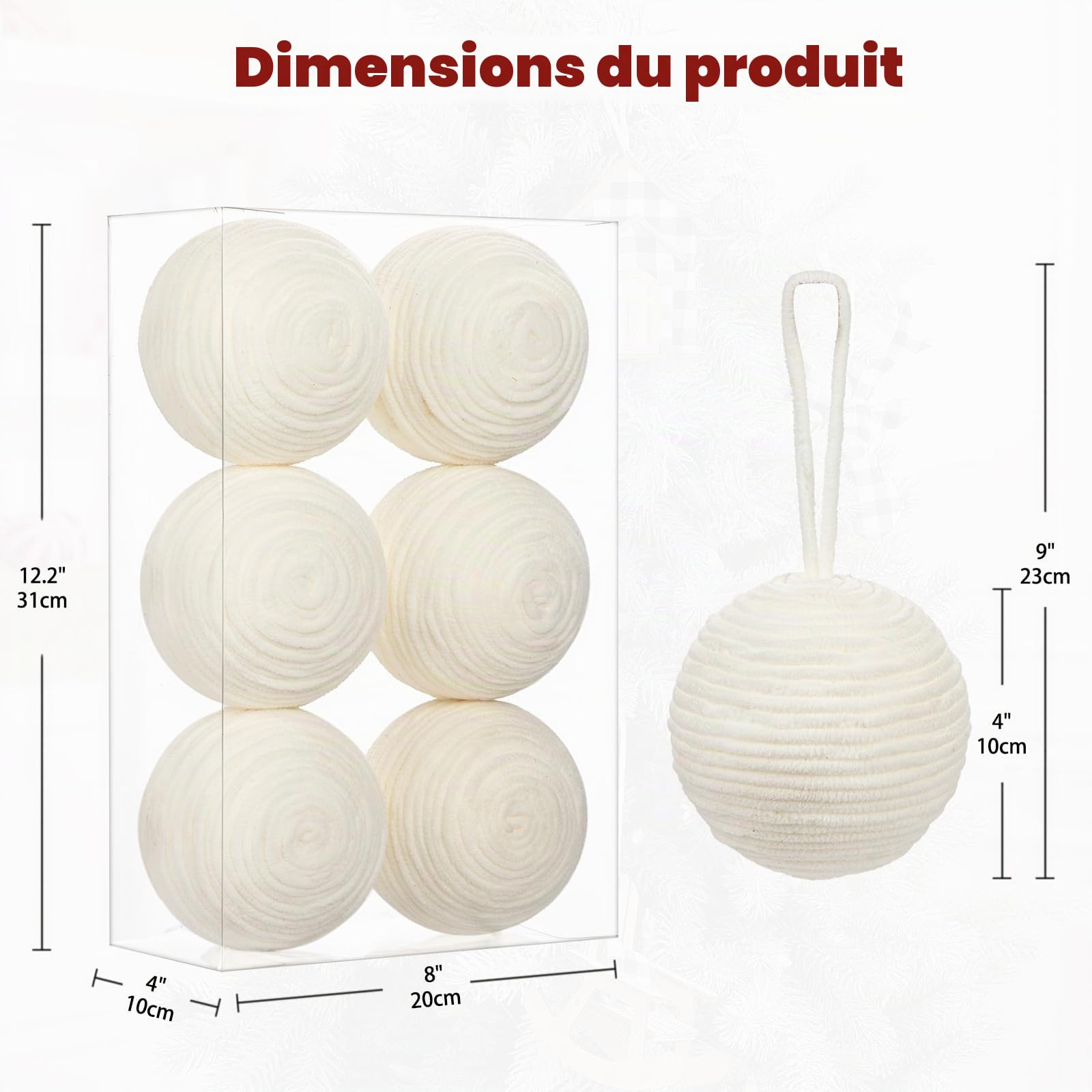 Lot de 6 boules de Noël de 10 cm en fil pour décoration de sapin de Noël, boules décoratives, déco Halloween, arbre de Noël, décoration pour fête du Nouvel An, Blanc