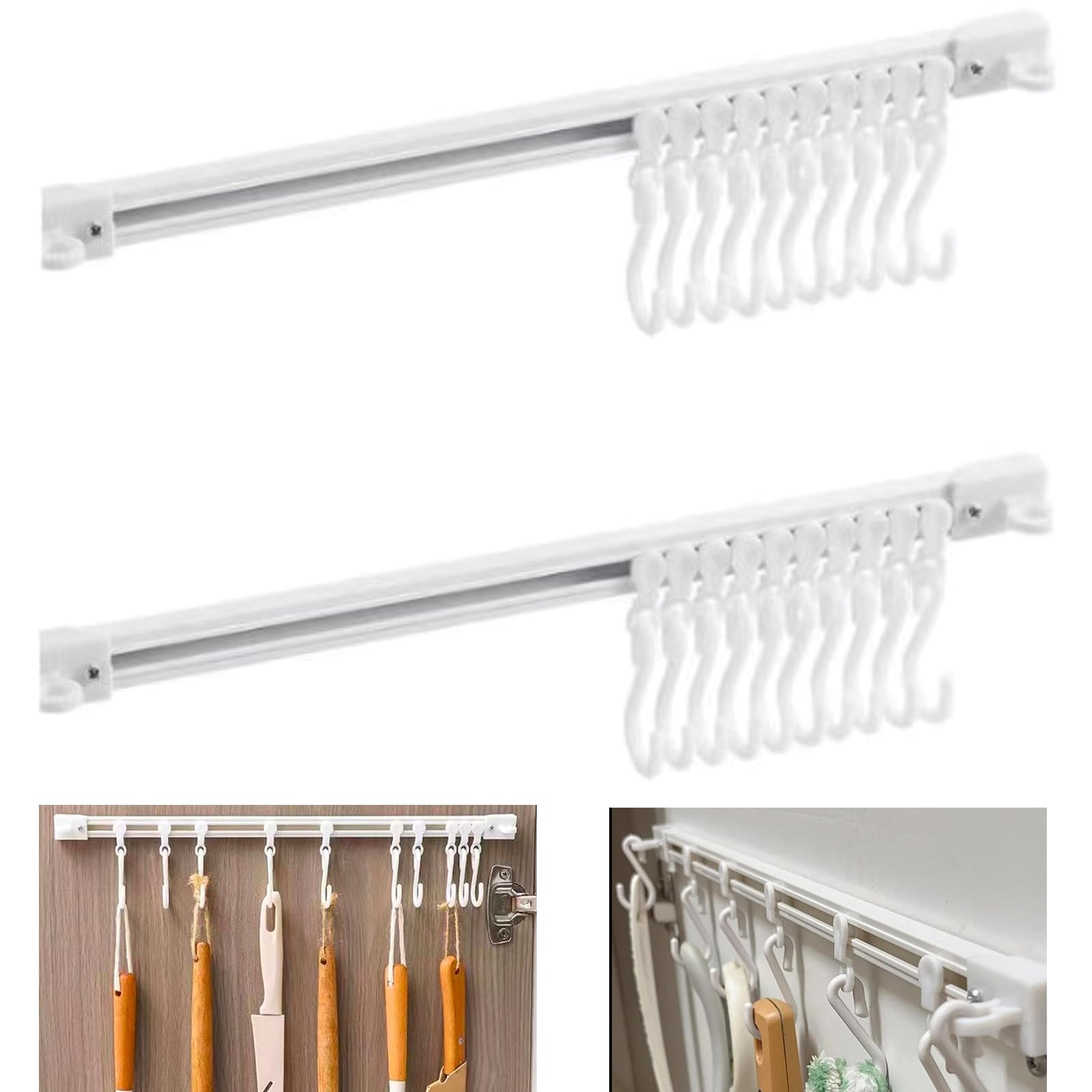2 ganchos multifuncionales para riel deslizante, ganchos adhesivos de pared, riel de cocina, estante de utensilios de ahorro de espacio con 10 ganchos sin necesidad de taladrar para baño,