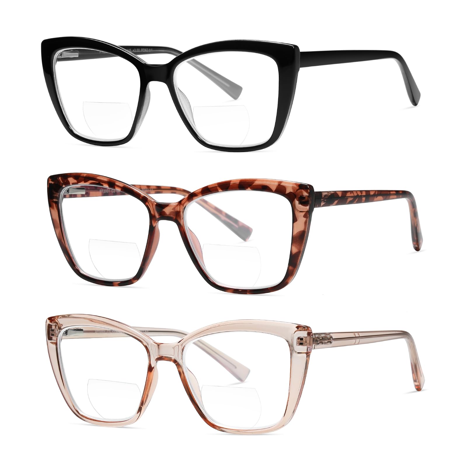 PT2001 Bifokale Lesebrille für Damen, Katzenauge, Blaulichtblockierung, große Größe, für Computerleser, transparente Gläser