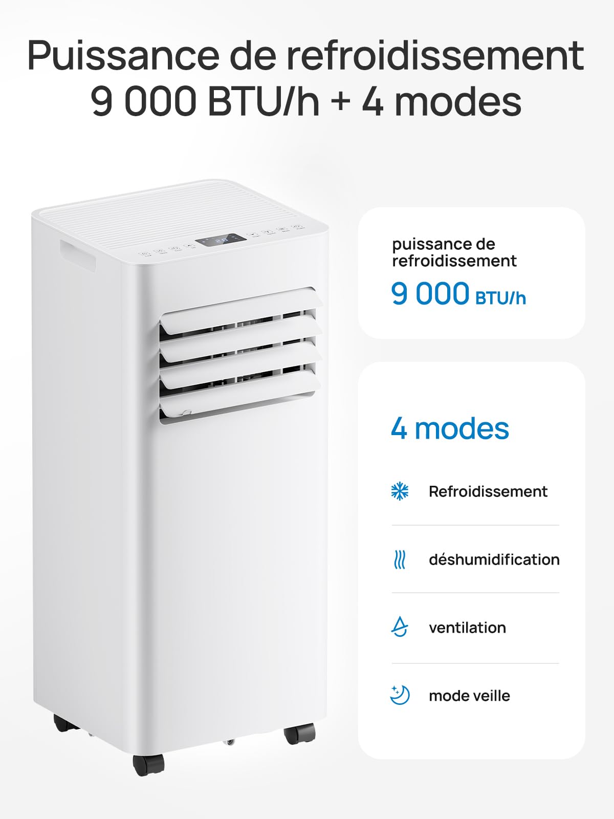 Climatiseur mobile 9000 BTU, 4 en 1 (refroidissement/déshumidification/ventilateur/mode veille), télécommande, écran LED, minuterie 24h et sécurité enfant – Idéal pour la maison, le bureau, le camping