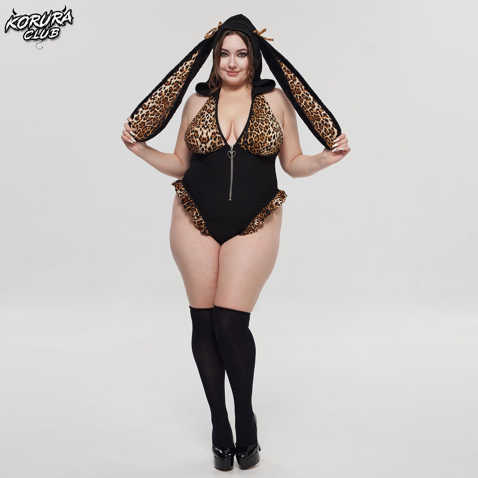 KORURACLUB Body sexy da donna, con motivo leopardato e coniglietto, costume da anime