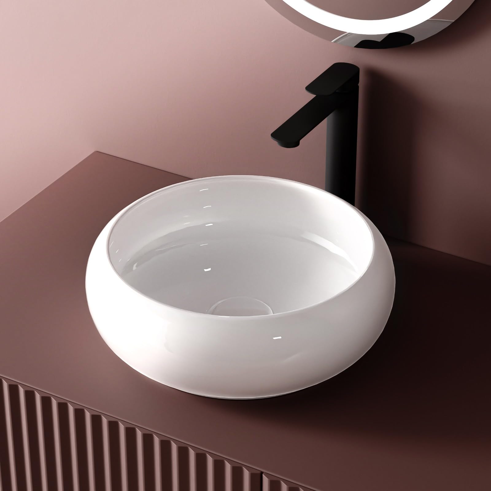 EMKE Lavabo da montare, Lavabo rotondo in ceramica, 360 x 360 x 120 mm, installazione sopra il piano, Bianco lucido, lavabo per bagno e WC ospiti