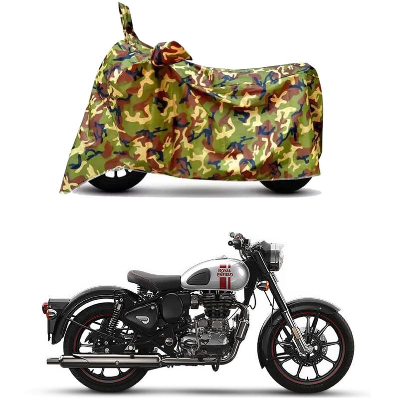 Image of Waterproof 100% PVC Coated Bike Scooty Two Wheeler Body Cover Compatible For Royal Enfie Classic 350 Redditch /UV-Ray /Heat Protection /Birds Dropping /Scratchproof /Dust proof[6X6 Jungle Print]