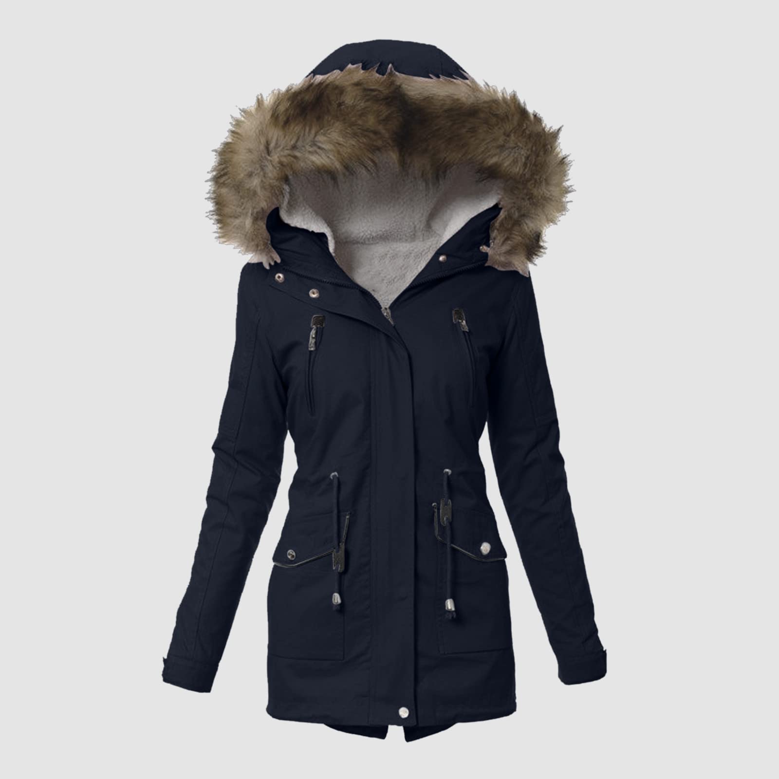 Veste d'hiver mi-longue pour femme - Parka matelassée - Veste matelassée en fourrure synthétique - Veste à capuche - Veste softshell légère et respirante
