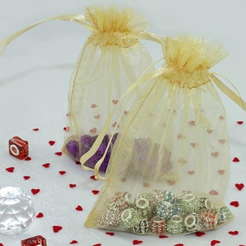 Miniatura 5 de 100 bolsas de organza de regalo de 5 x 7 pulgadas, con cordones dorados, bolsa de tela transparente para joyas, baby shower, Navidad, fiestas,