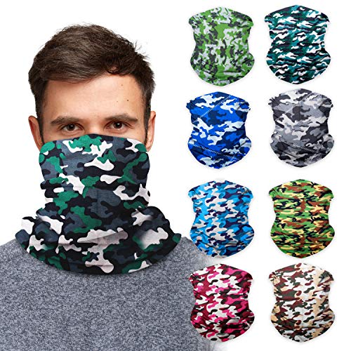 Camouflage Neck Gaiter Face Mask Bandana (9 Pack) - Camo Neck Gators Face Coverings for Men & Women I Hunting Gaiter