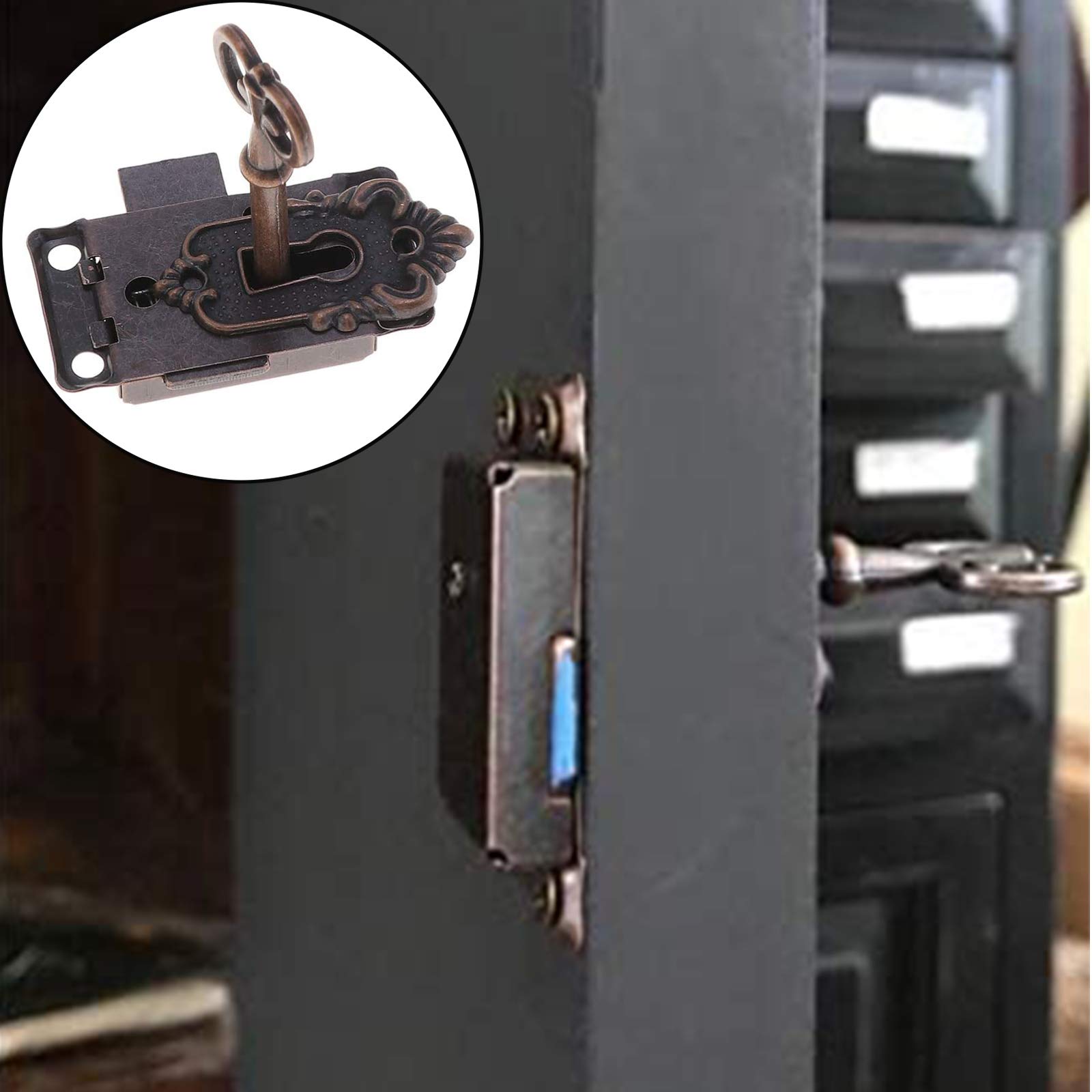 Serratura Vintage Per Armadi E Scatole Legno - 2 Pezzi Con Chiave E Viti, Stile Antico - Foto 3