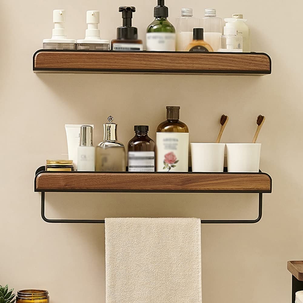 Mensola per Doccia, Mensola da Bagno in Noce, Mensola Organizer, Mensole Sospese, Mensola Rettangolare a Parete, Multifunzionale, Bagni, Cucine, Camera da Letto, con Portasciugamani, Portaogg