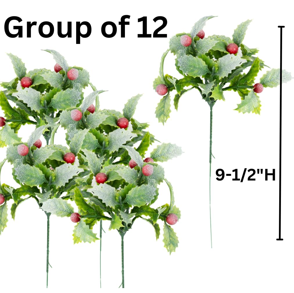 Factory Direct Craft Weather Resistant Frosted Holly and Berry Picks - Set of 12 Fake Holly Stems for Indoor and Outdoor Holiday Decorating (9-1/2 Inches High)