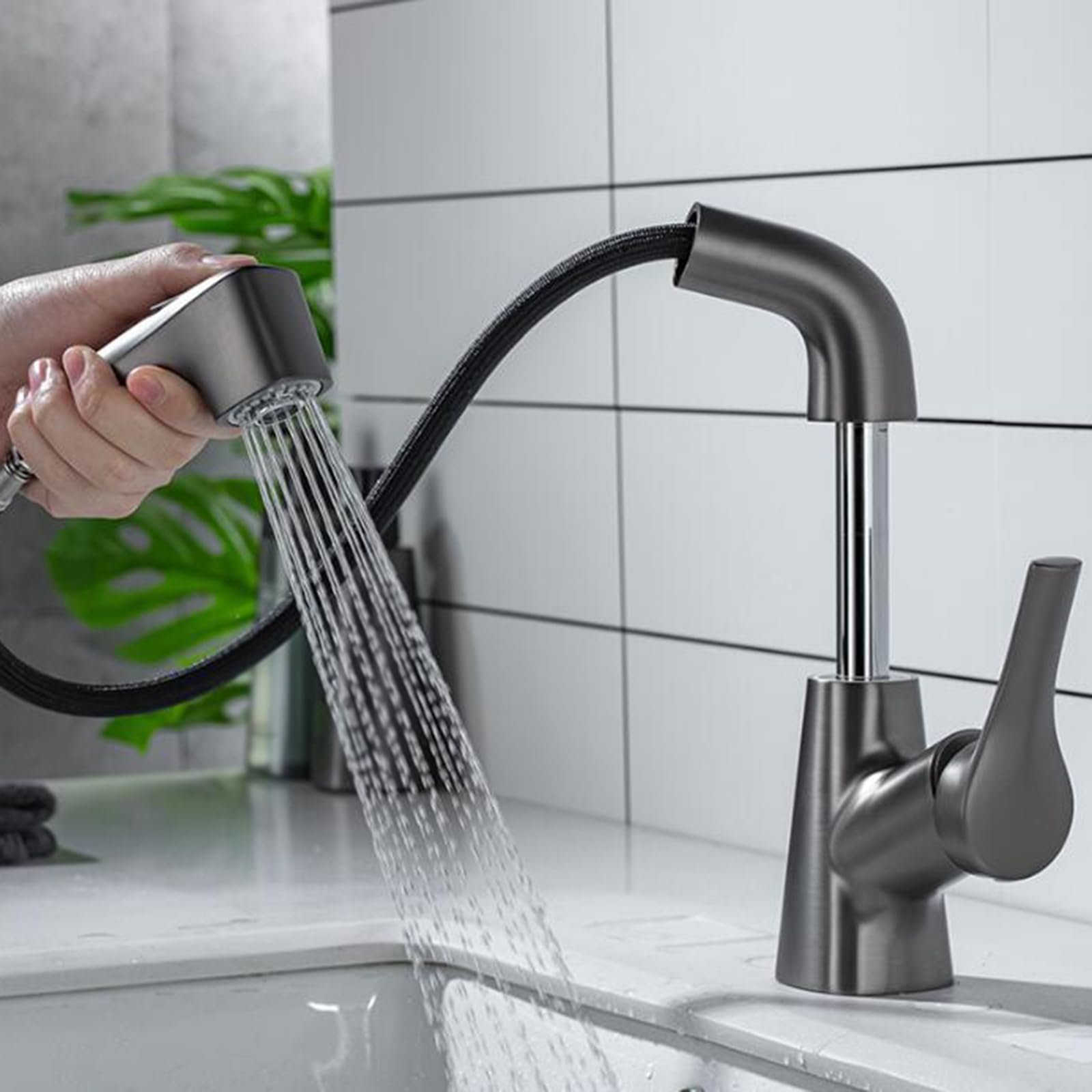 Grifo para Lavabo de baño con rociador extraíble, elevable, telescópico, Monomando, para Agua fría y Caliente, de latón, extraíble, Color Gris