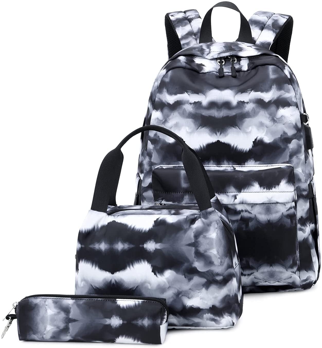 Landscape Ink Print Backpack Backpack Schoolbag For Boys And Girls Cooler Bag Pencil Case 3 Piece Set (Color : Black)