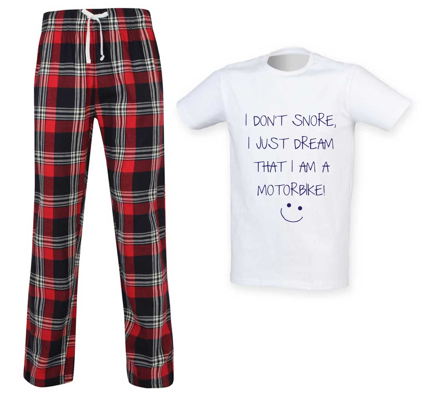 60 Second Makeover Men's Red Limited I Don't Snore I Just Dream I'm A Motorbike Tartan Trousers Pyjamas Set Funny Husband Present Fathers Day Birthday Gift Pyjama Set - Medium