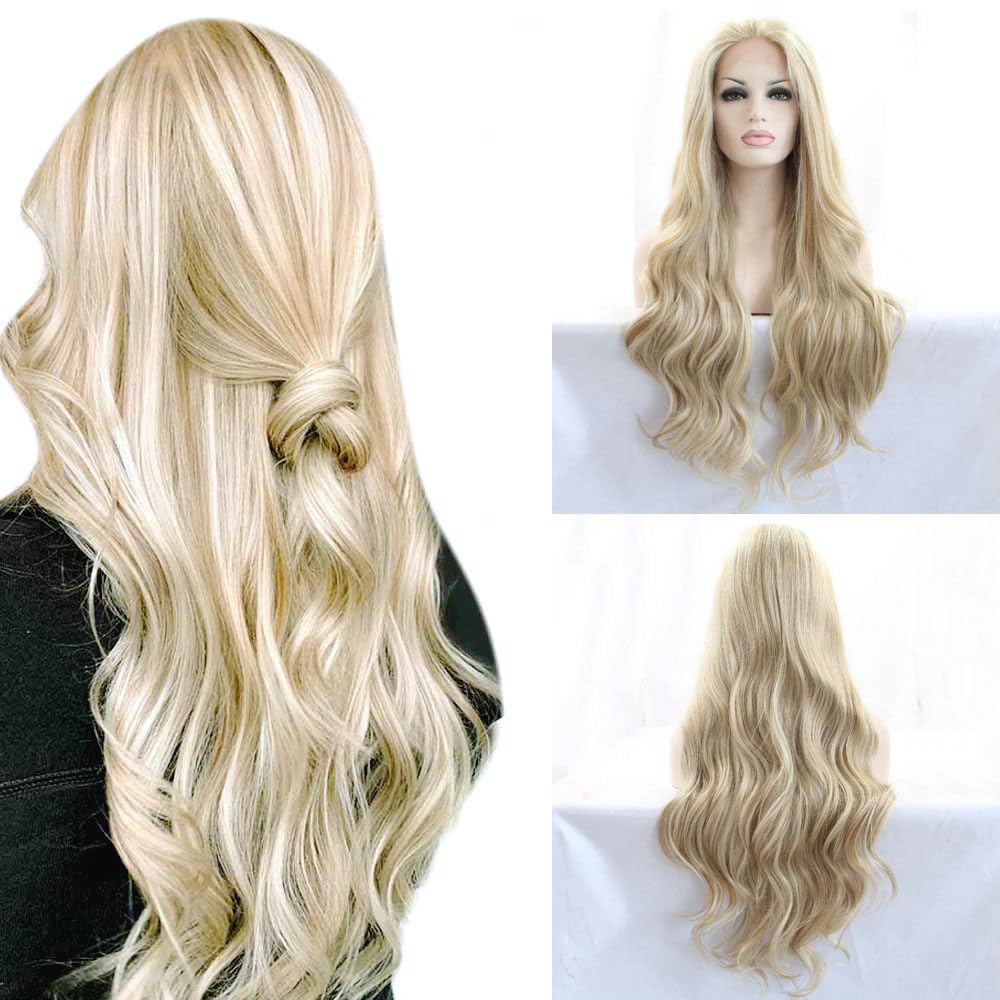 SereneWig 24" Long Wave Highlight Blonde Lace Front Wigs for Women Daily Wear Synthetic 13x3" Light Blonde Mixed Wig Party Natural Looking Heat Resistant Wigs Cosplay Replacement