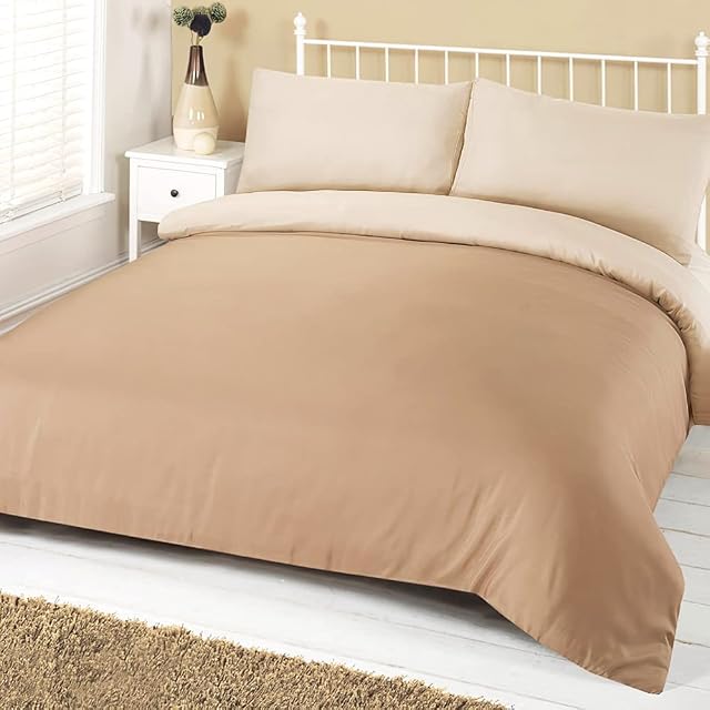 Linens Limited Plain Reversible Complete Bedding Set - Includes Duvet Cover, Fitted Sheet, Pillow Cases, Mink/Cream, Double