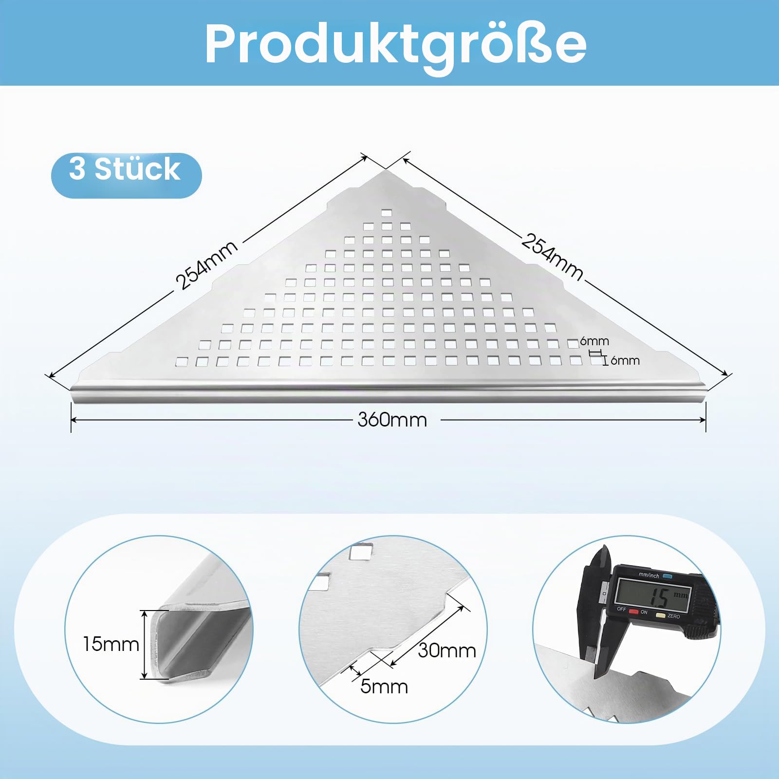 3X Ecke-Duschablage 254x 254x 360 mm Badezimmerregal Edelstahl 304 | 1,5 mm Verdickter, Gebürstet, Eckablage Duschablage mit Gitterdesign Einbau-Wandregal in Fliesenfugen für Geflieste Wände