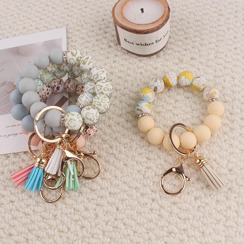 Image of Silicone Beaded Bracelet Keychain Wristlet Cute Car Key Chain Holder Wallet Bag Charm Accessory