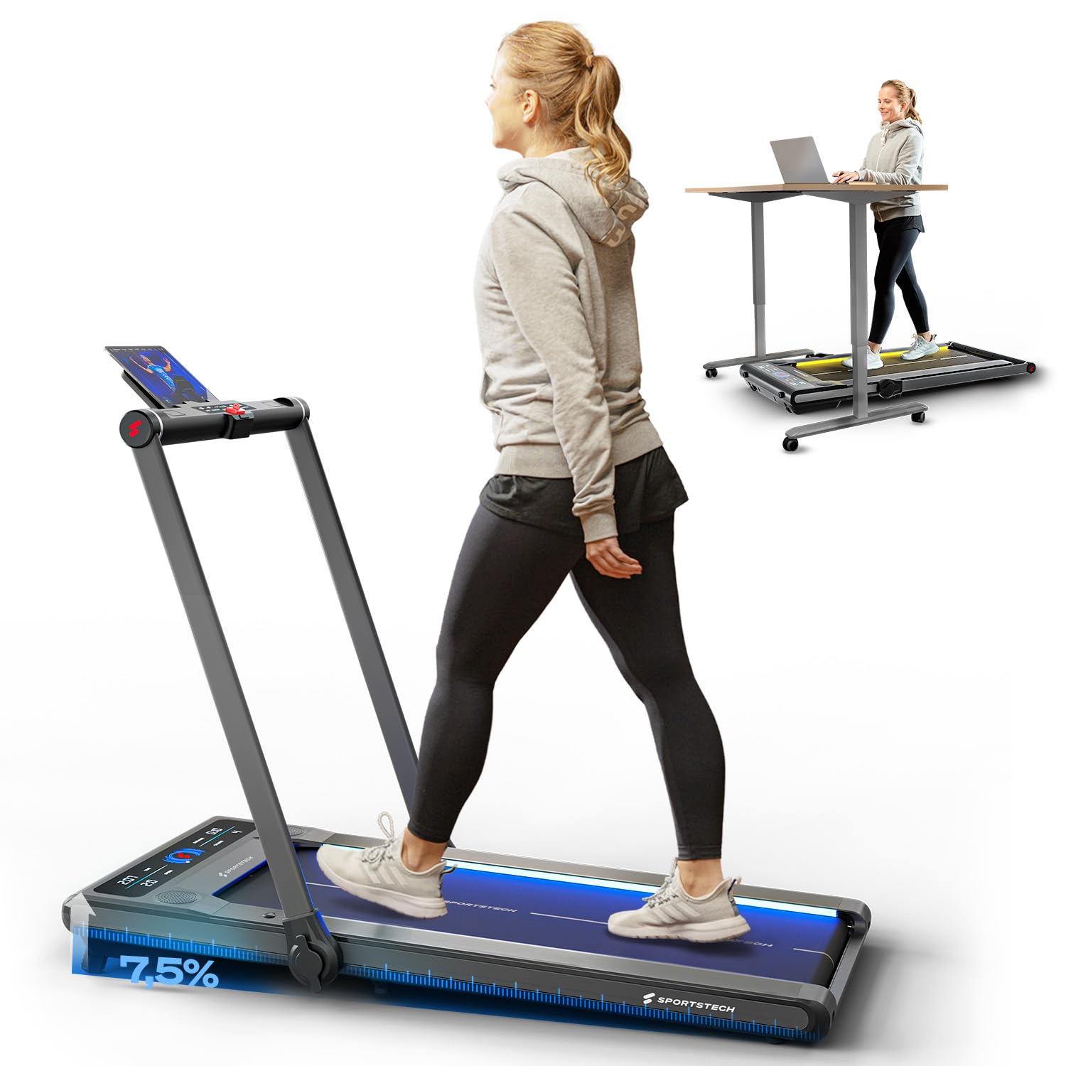 Sportstech sWalk Plus 2in1 Walking Pad klappbar bis 12 km/h, Laufband für Zuhause klappbar, Walking Pad mit Steigung, LED, Bluetooth App, 3,5 PS Motor, bis 130 kg, Laufband für Zuhause