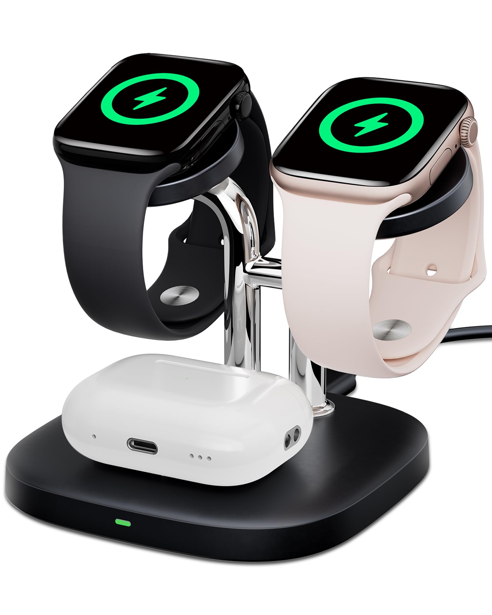 Dual Watch Charger with Fast Charging for Apple Watch, SwanScout 704A, 3-in-1 Wireless Charging Station Stand for Apple Watch Ultra 3/11/10, Wireless Charger Dock for AirPods Pro 3/4 (Black & Silver)