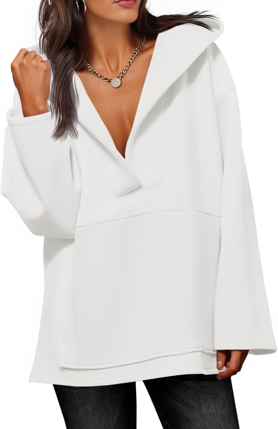 Fisoew Women's Hoodies Oversized Sweatshirts Casual Fleece V Neck Long Sleeve Hooded Loose Fall Winter Pullover Tops