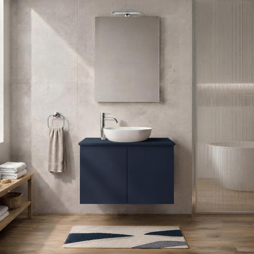 Mobile bagno sospeso 80 cm Blu con top per lavabo e 2 ante push-pull Tierra