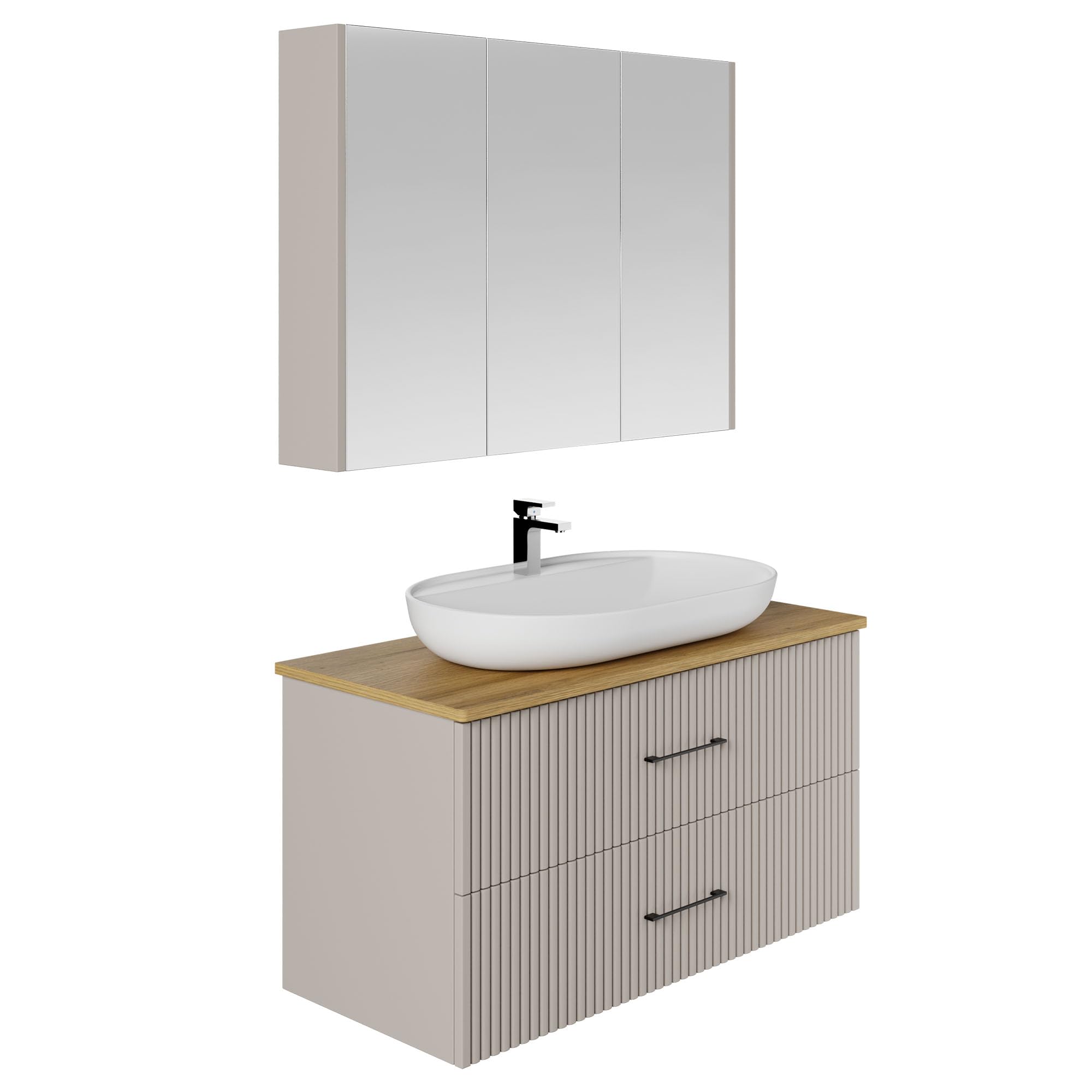 Badezimmermöbel Set Liana 100 Konsole Eiche | Keramikwaschbecken | Unterschrank | Spiegelschrank | Konsole | Waschbecken mit Unterschrank 100 cm | Softclose | Aufsatzwaschbecken | Konsolenwaschtisch