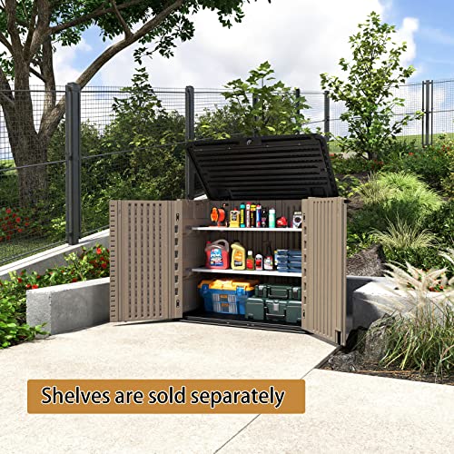 Image of HOMSPARK Storage Shed Weather Resistance, Multi-Purpose Outdoor Storage Cabinet for Backyards and Patios, Horizontal Storage Shed for Lawnmower, Patio Accessories (Coffee, Large - 26 cu.ft)