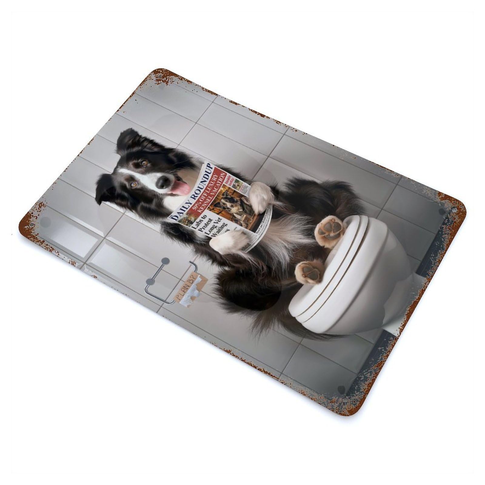 Distressed Metal Wall Sign Border Collie on Toilet 11.8"x7.9", Vintage Wall Decor for Garage, Bar And Workshop Decor
