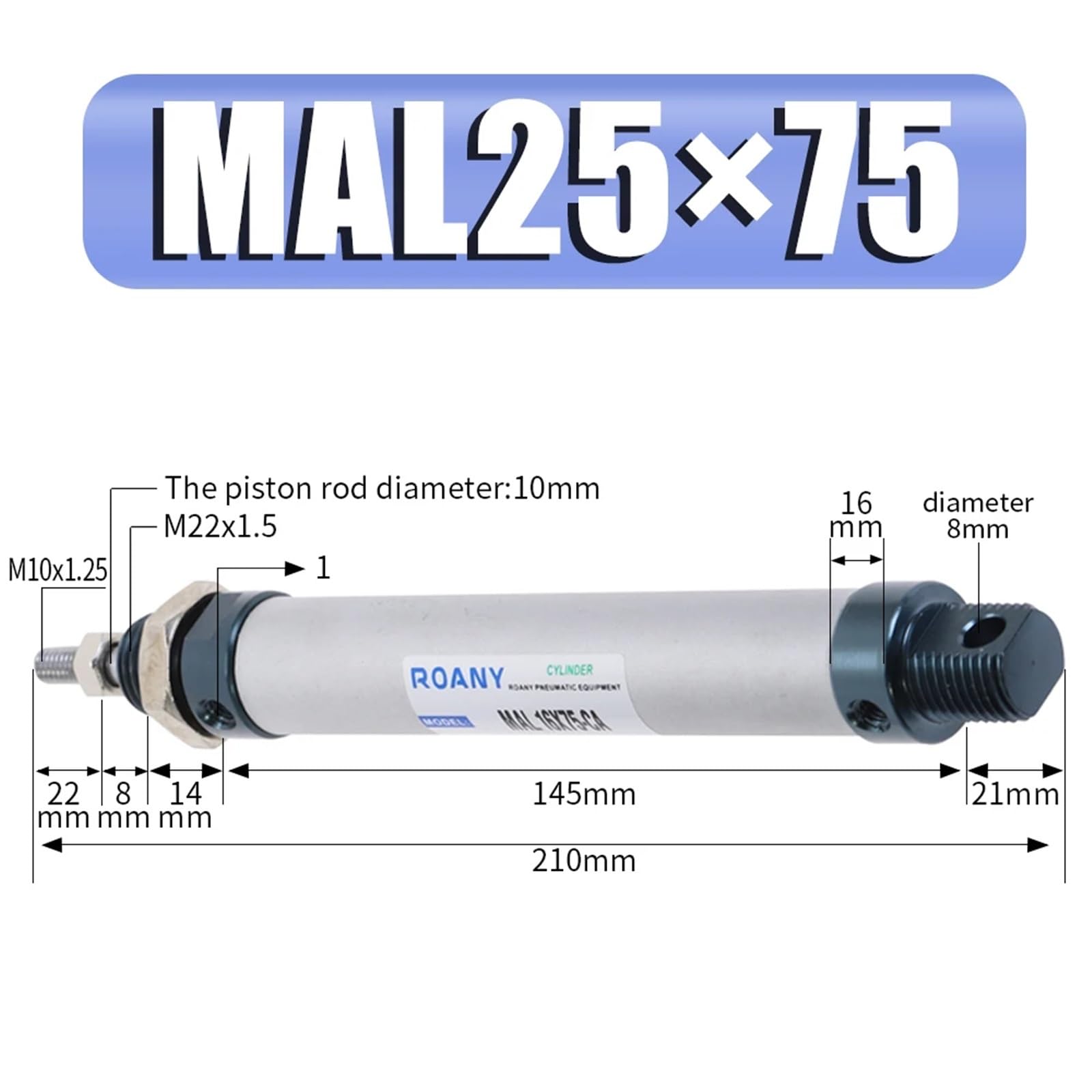 Pneumatikzylinder MAL 25 Bohrung 25–500 mm Hub Einhebel-Pneumatik-Luftzylinder MAL25(Mal25-75)