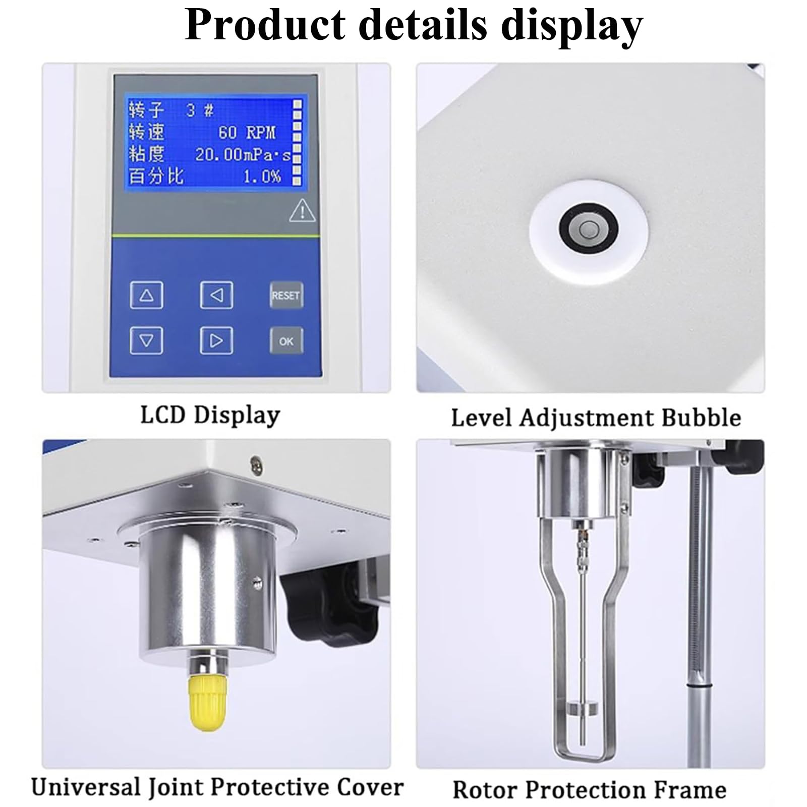 Viscosímetro digital giratorio con pantalla LCD, 4 rotores, rango de medición 1-100000 mPa.s, ± 3% de precisión, 4 velocidades para viscosidad de fluidos y reología