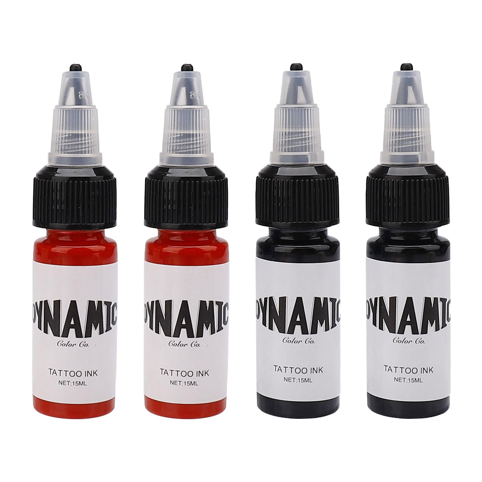 Tattoo Ink Black 2pcs, Red 2pcs, Dynamic Tattoo Ink, Tattoo Supplies for Colouring and Mixing, Vibrant, Sterilized, Vegan, Safe and Long Lasting(15ml/Bottle)