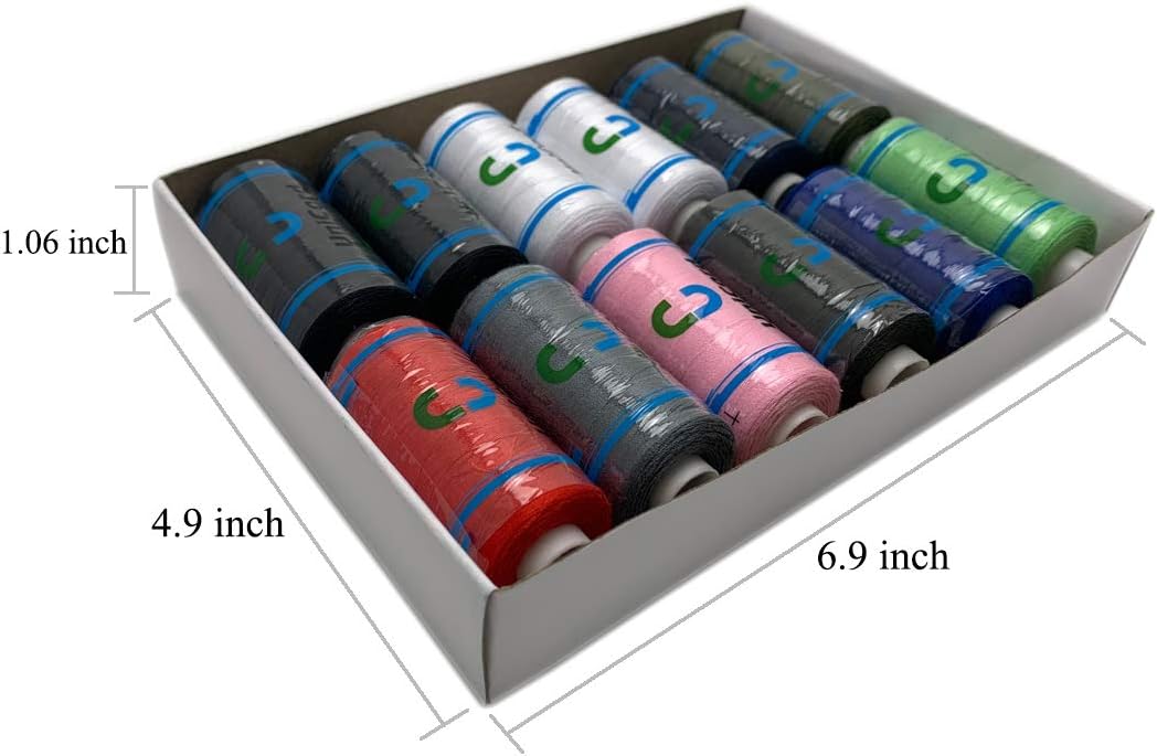 12 Pcs Polyester Sewing Thread Assortment by Box, Total 6000 Yards, 500 Yards Per Cone, 10 Colors, Ideal for Hand ,Sewing Machine and All-Purpose Sewing.