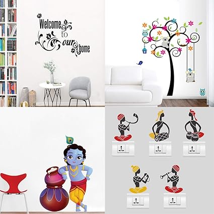 Walltech Combo of 4 Wall Sticker Welcome to Our Home Vine-(76 x46 cms) | Cute Tree with Flower and Animals-(92 x 102 cms) | makhanchor-(60 x 40 cms) | sb Folk Band-(11 x15 cms) - Material Vinyl