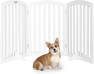 Bonnlo Wooden Free Standing Dog Gate for Doorway with 3 Foot Supporters, Configurable Folding 3 Panel Indoor Pet Gate, Wood Dog Barrier/Divider, 155CM W X 76CM H, White