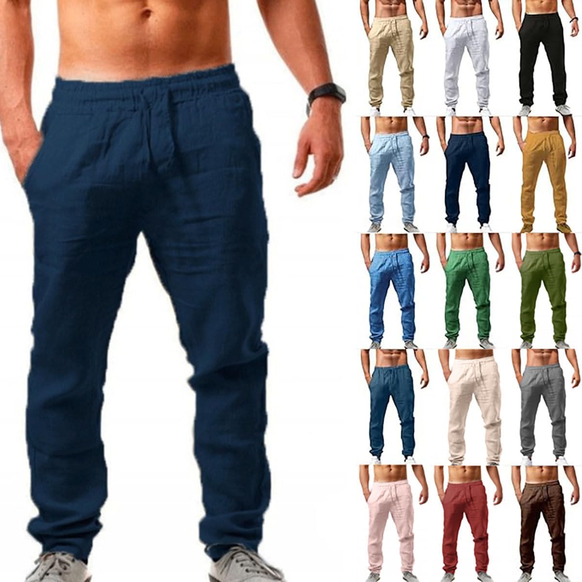 Pantalon en lin homme décontracté long et slim bleu marine M