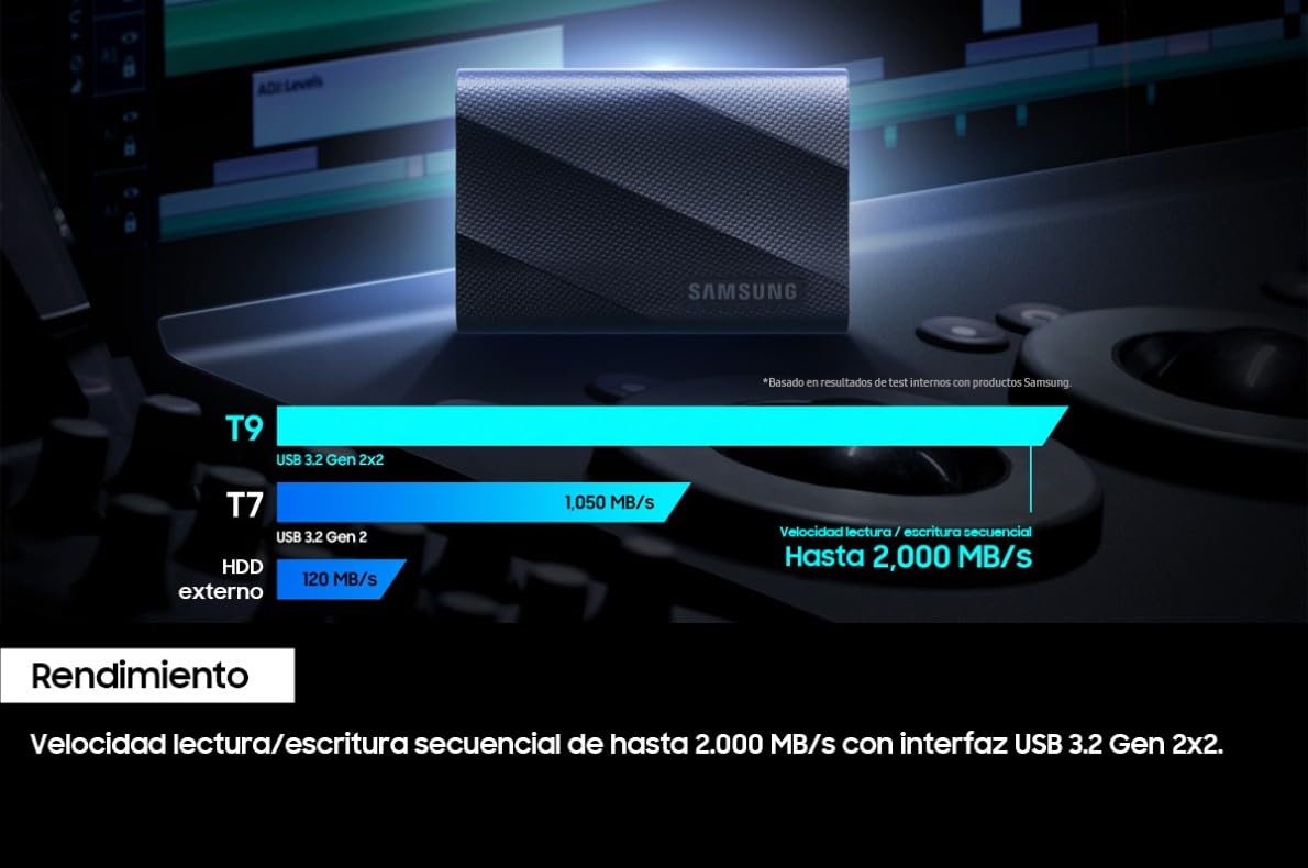 Samsung Portable SSD T9, 1 TB, Disco Duro Externo, Lectura y escritura 2.000 MB/s, USB 3.2 Gen.2x2, Para Profesionales y Creativos, Compatible con PC, Mac, Android y Cámaras 12K, Negro (MU-PG1T0B/EU)