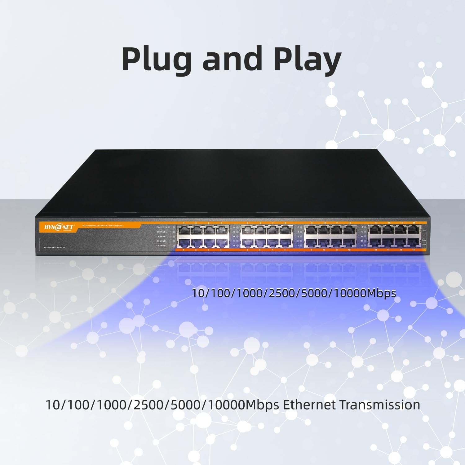 Injecteur PoE++ 16 ports 802.3bt 10G, 16 ports 90 W PoE++@450 W, 1G/2.5G/5G/10 Gbps PoE++ Midspan (modèle : PE916R-10G-BT-450W)