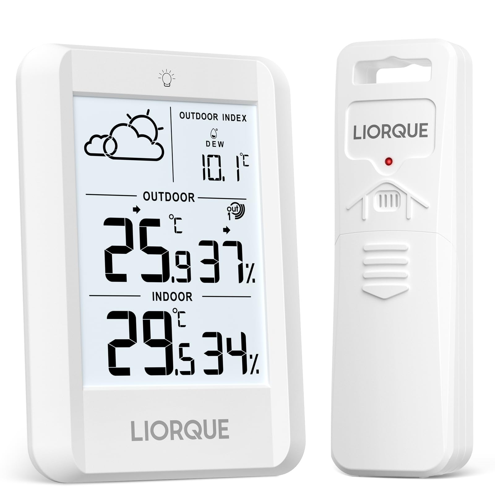 LIORQUE Estacion Meteorologica Interior Exterior, Termómetro Higrómetro con Sensor Exterior, Pantalla LCD Retroiluminada Temperatura Humedad Previsión Meteorológica