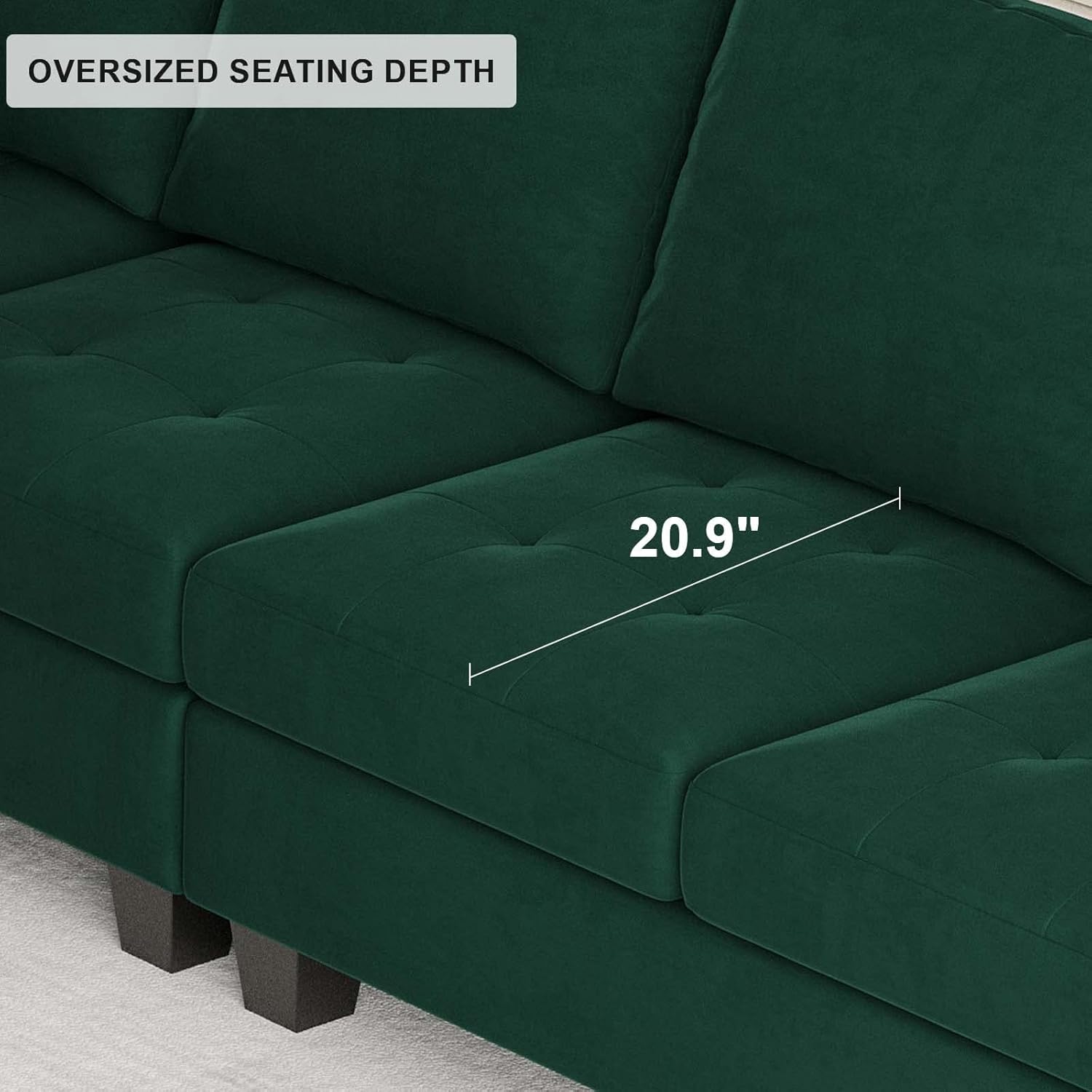 Close-up of sofa seat showing oversized seating depth measurement