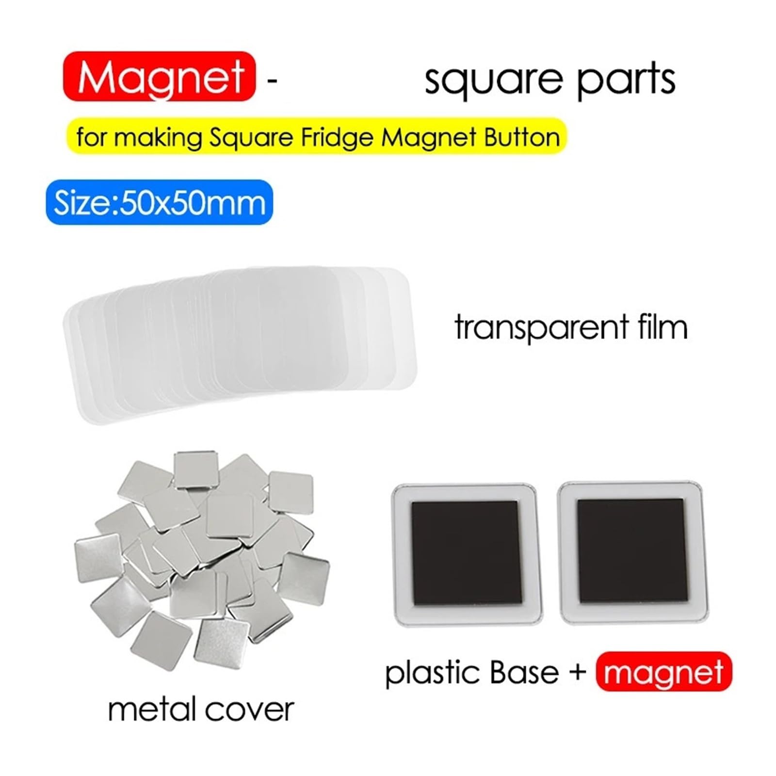 Piezas de insignias cuadradas de 50 x 50 mm, imanes for refrigerador, botones, consumibles, juego de 100, materiales for hacer insignias Uso generalizado(100set Magnet 50mm)